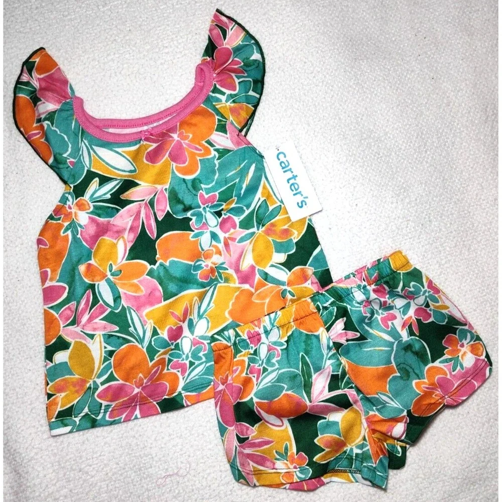 Carter's Toddler 3T Flower 3pc Loose Pajama Set Polyester‎ Pants Shorts Tropical
